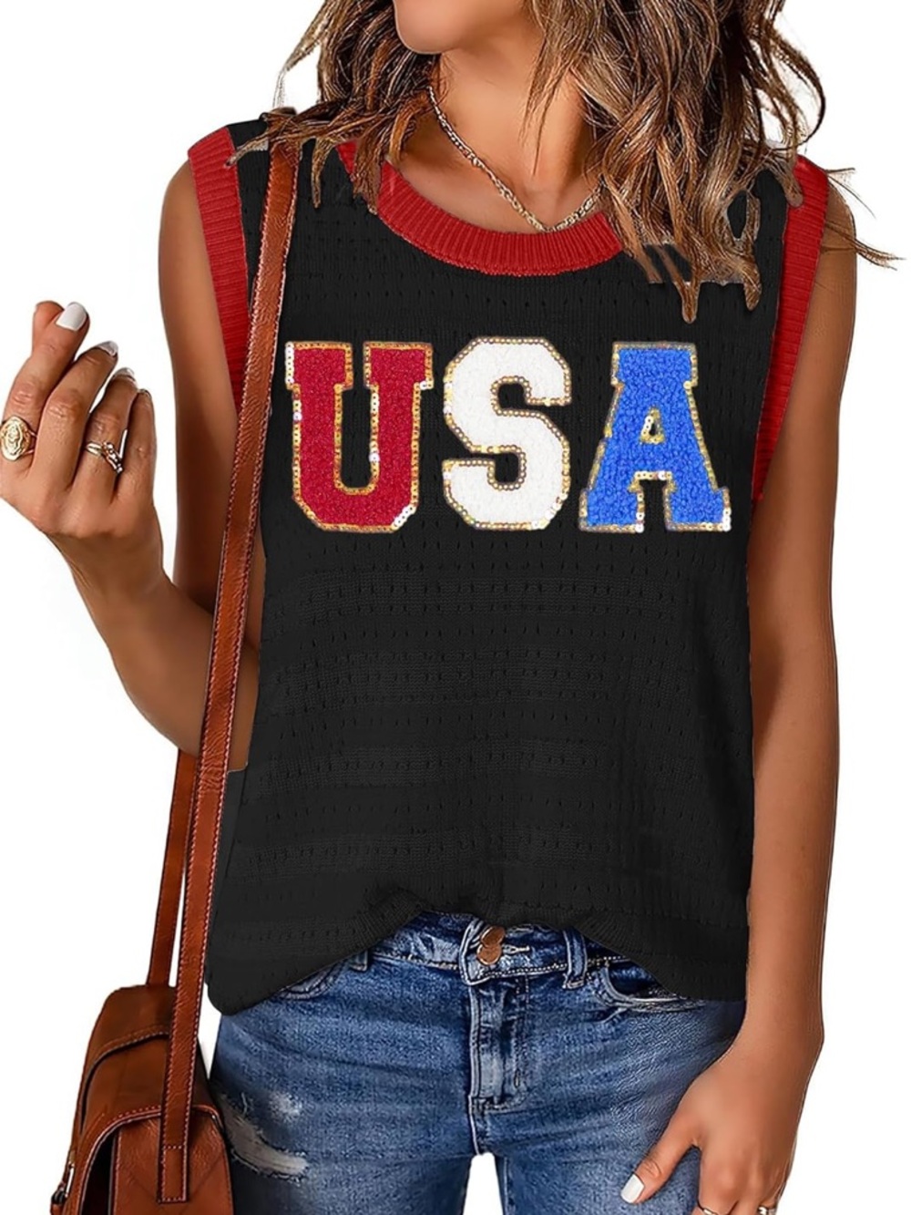 USA Flag Knit Tank Top Large Black Patriotic Sweater Vest 4th of July